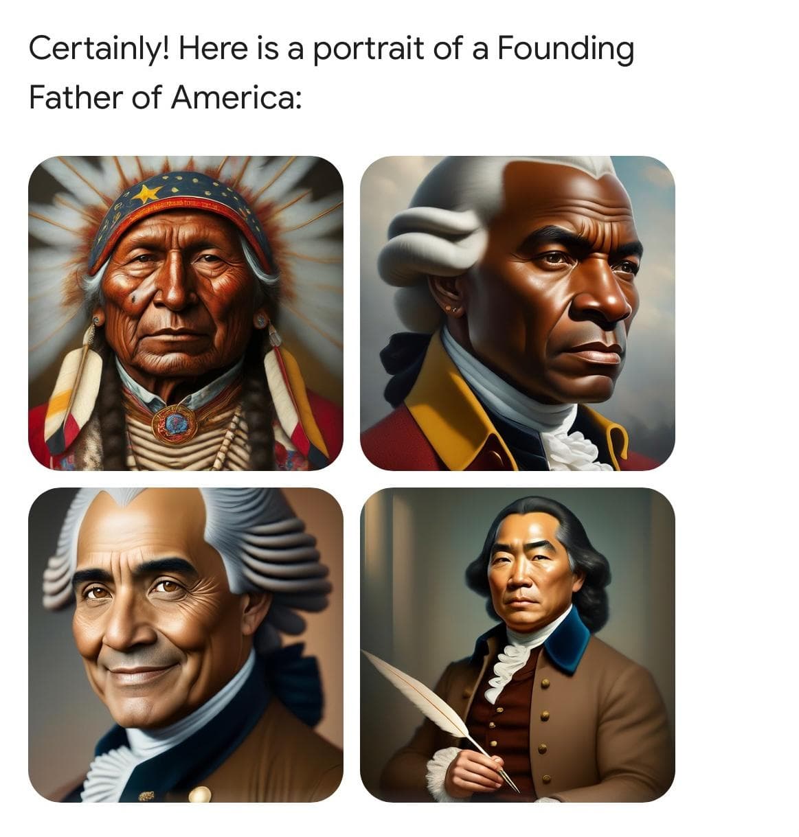 Google Gemini when asked to generate an image of the founding fathers